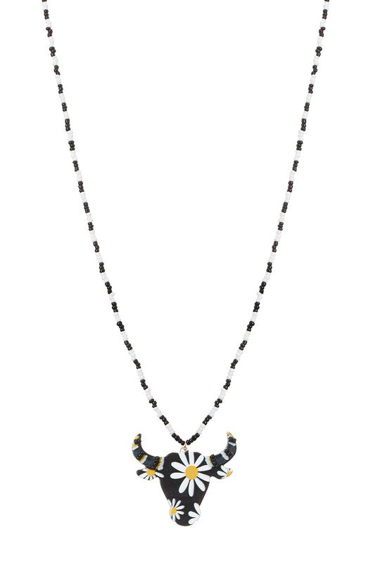 Wooden Bull Head Charm Necklace