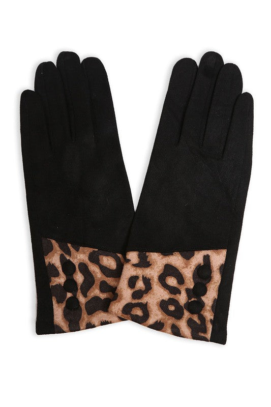 Solid Smart Touch Gloves w Leopard Patch