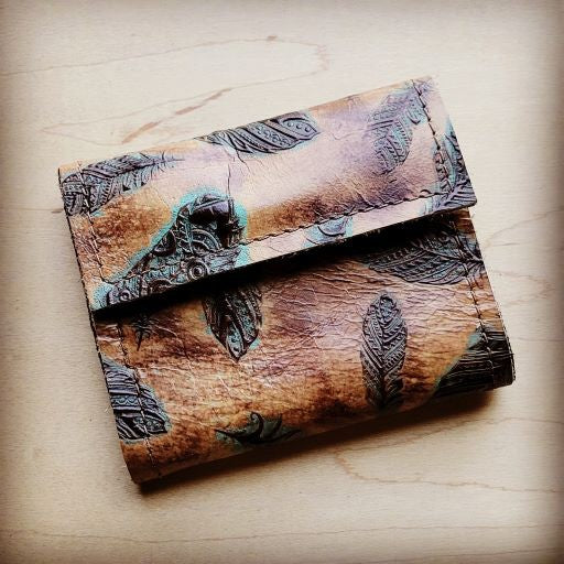 Tri Fold Leather Wallet Plumas Sepia Turquoise
