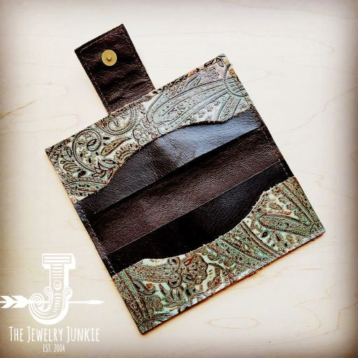 Embossed Leather Wallet in Brown Paisley w/ Snap