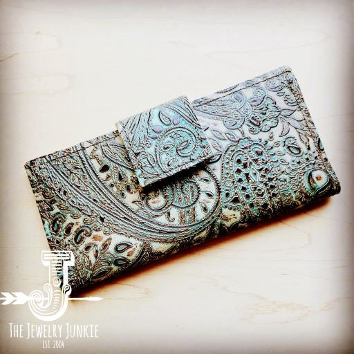 Embossed Leather Wallet in Brown Paisley w/ Snap