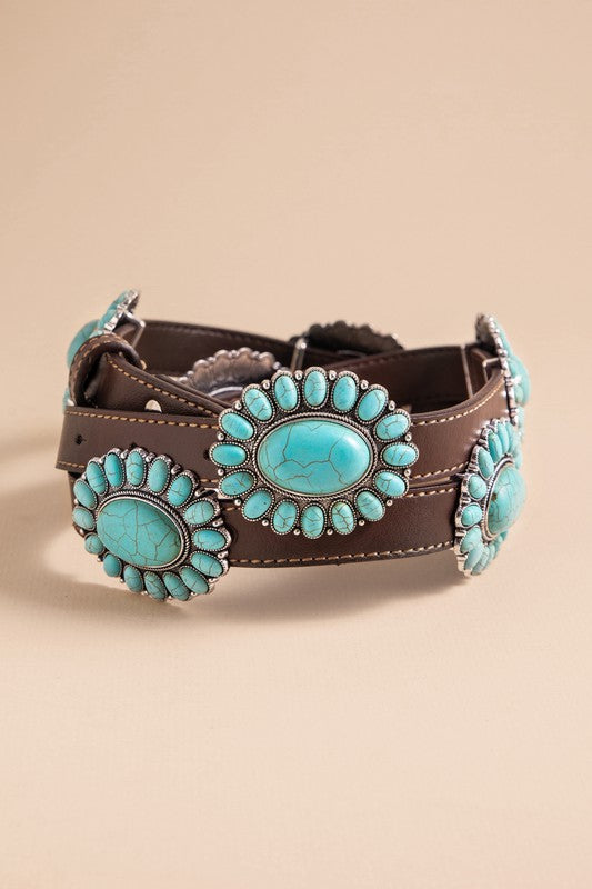 Western Concho Stone Leather Belt