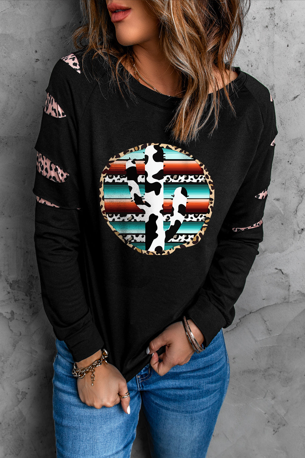 American Cactus Ripped Leopard Sleeve Top