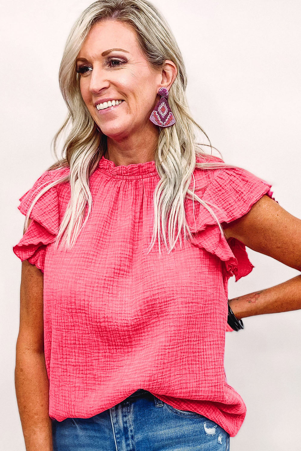 Rose Flutter Sleeve Frilled Neck Textured Blouse