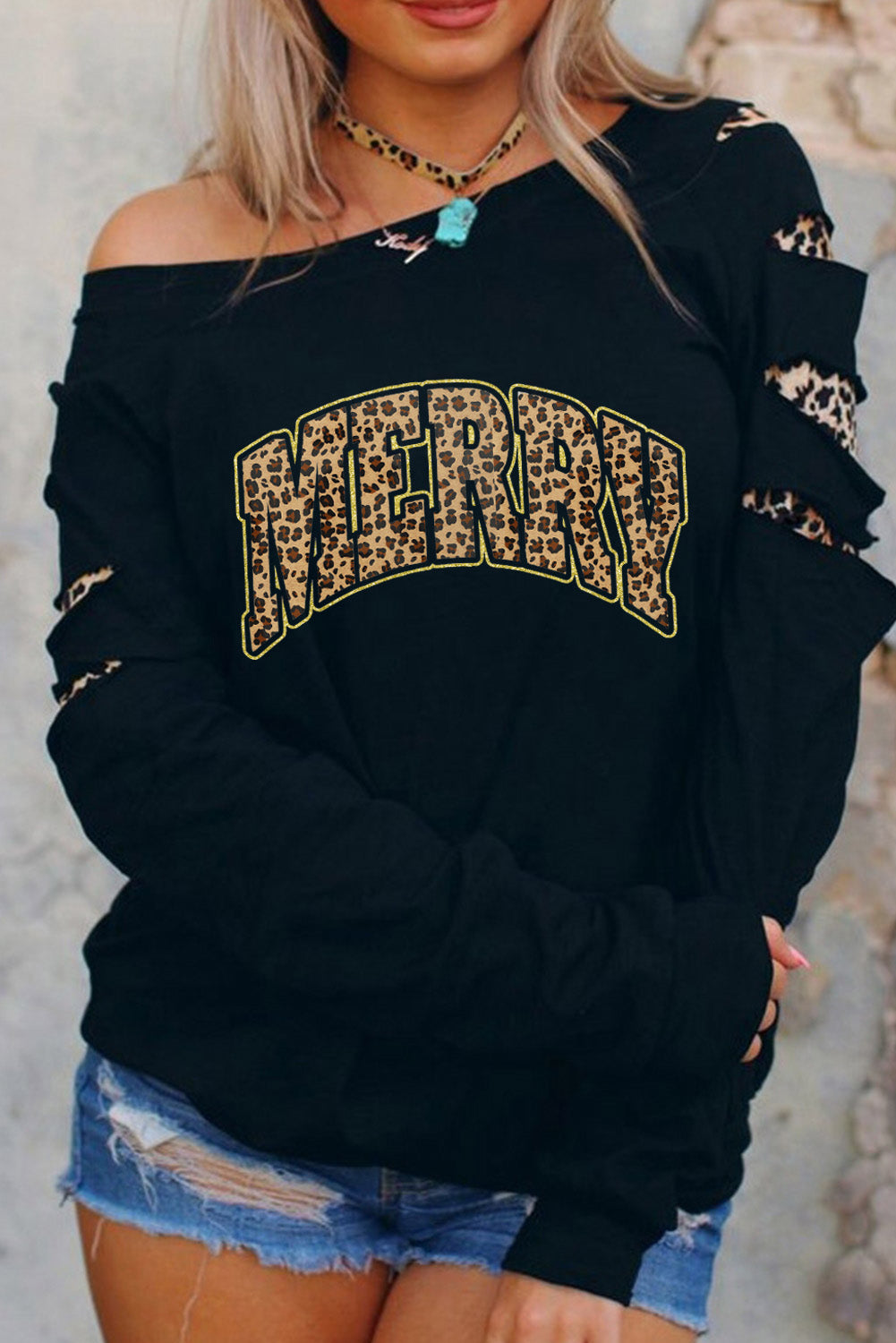 American Cactus Ripped Leopard Sleeve Top