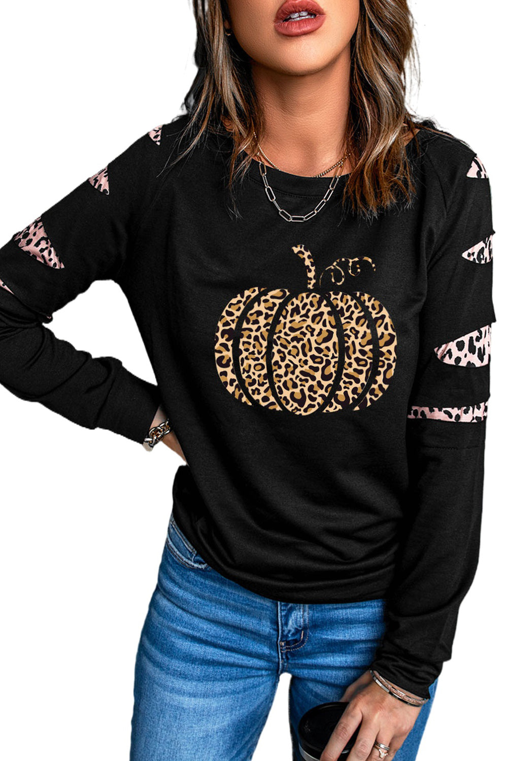 American Cactus Ripped Leopard Sleeve Top