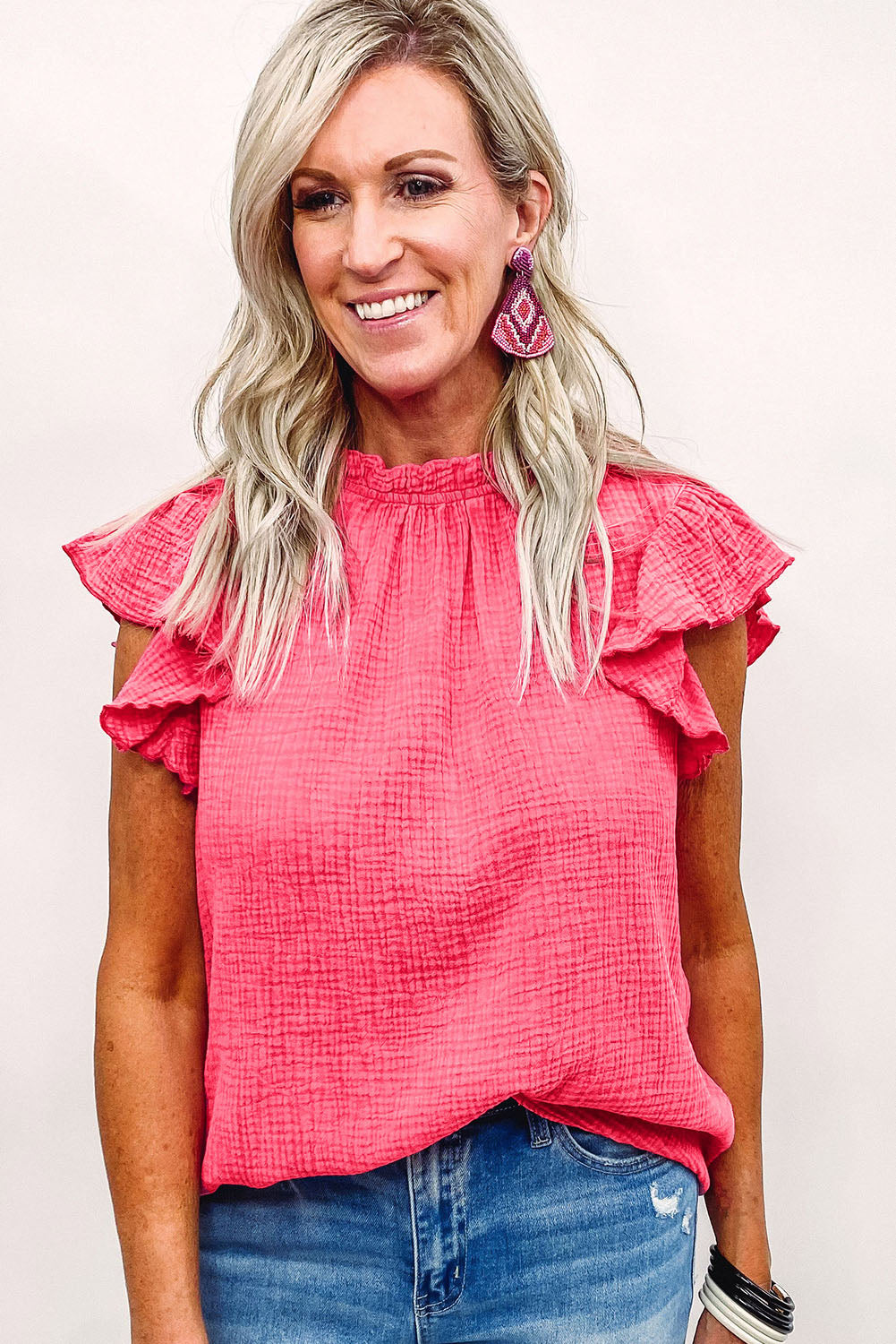 Rose Flutter Sleeve Frilled Neck Textured Blouse