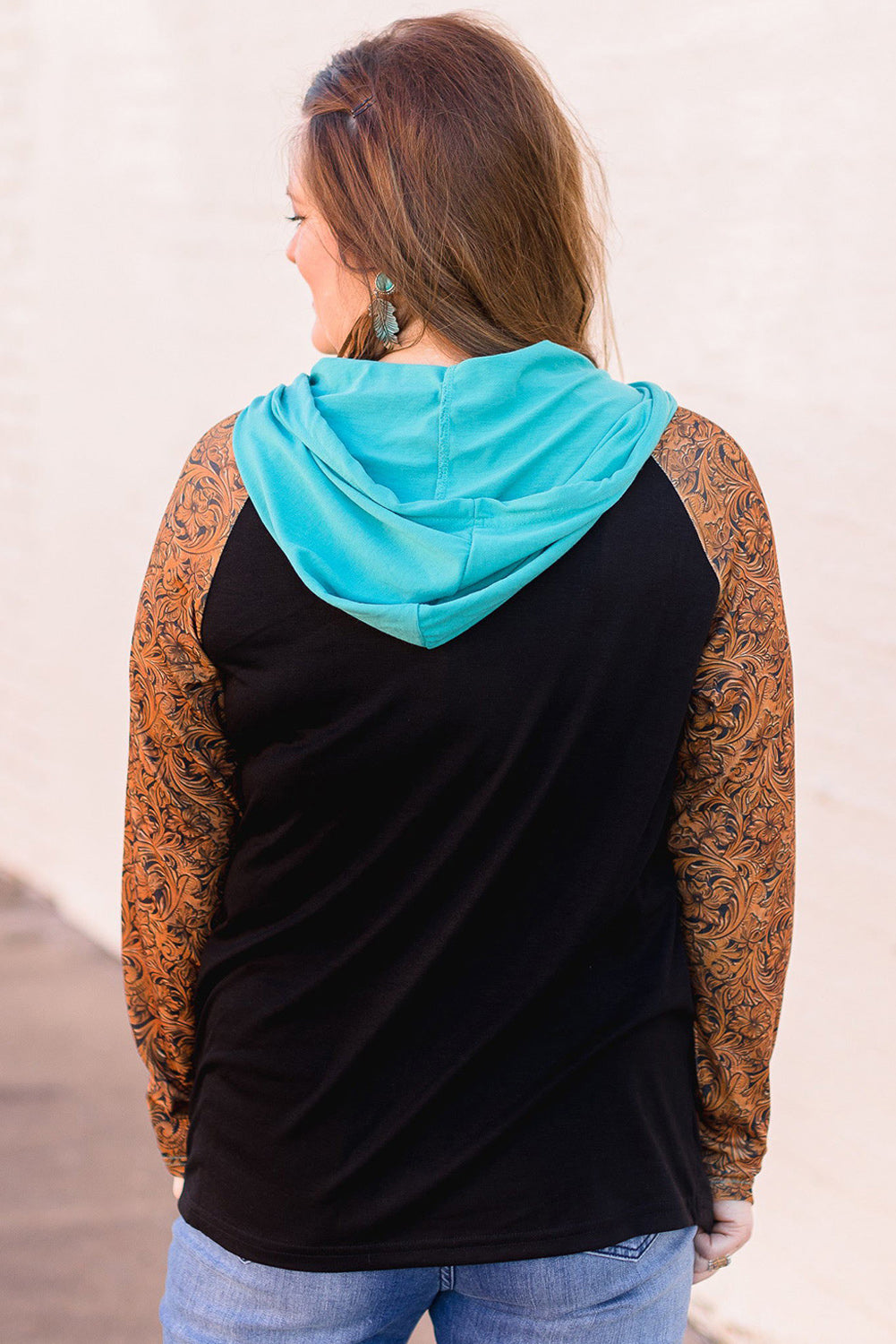 Black Black Western Print Color Block Plus Size Hoodie