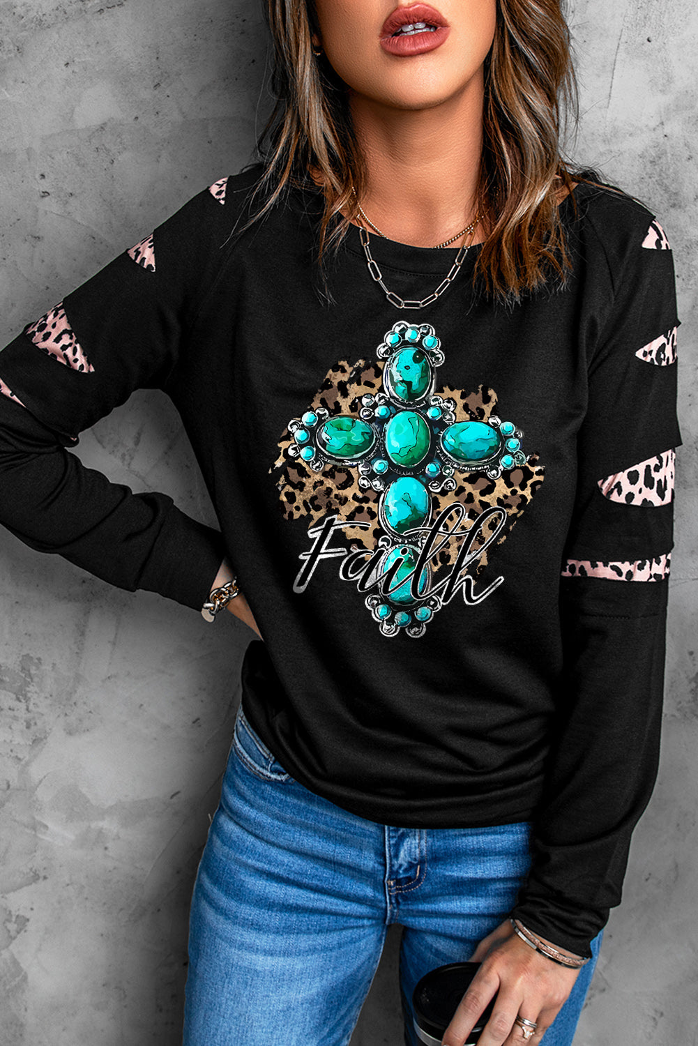 American Cactus Ripped Leopard Sleeve Top