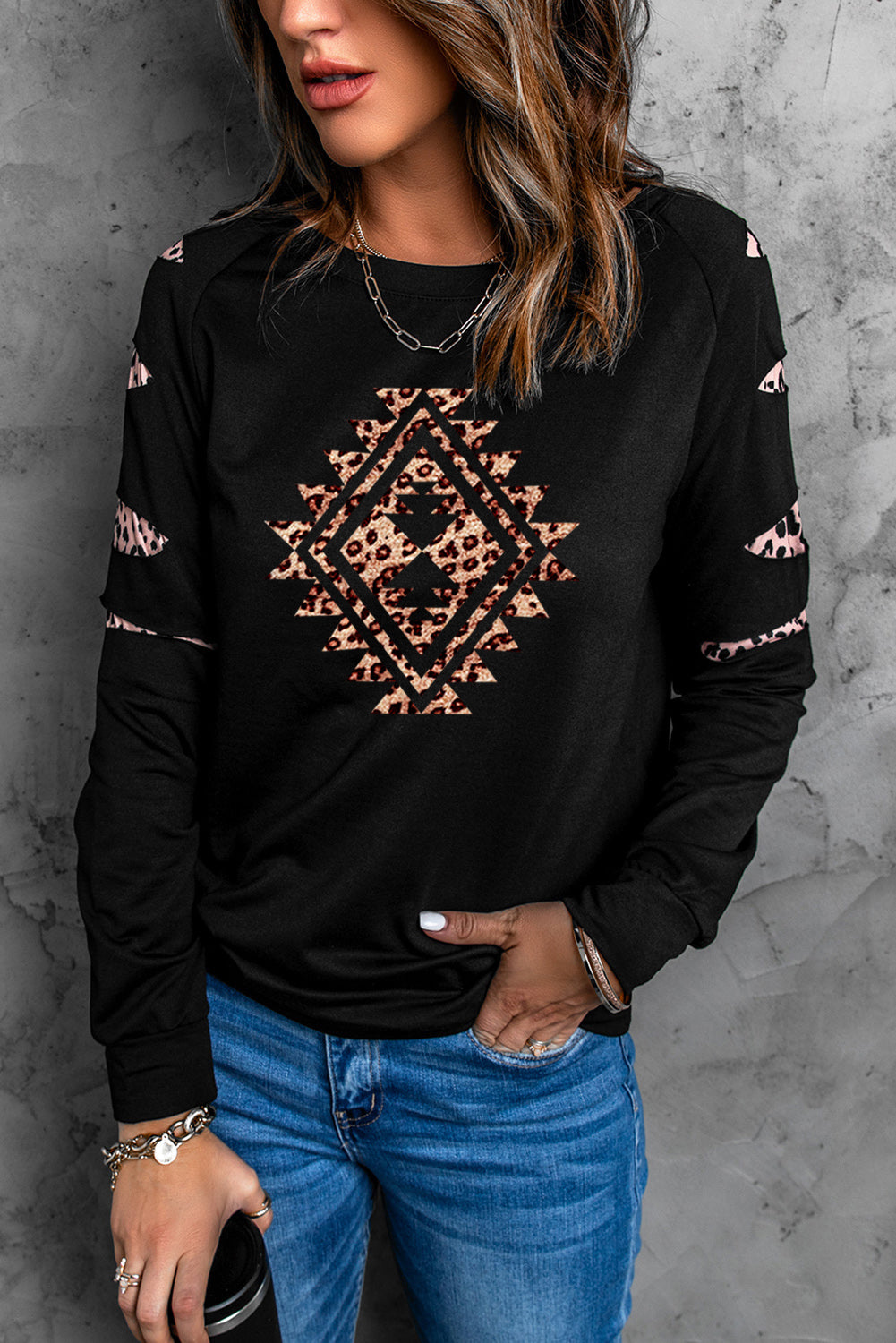 American Cactus Ripped Leopard Sleeve Top