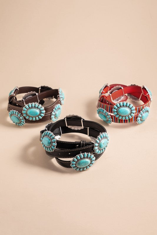 Western Concho Stone Leather Belt