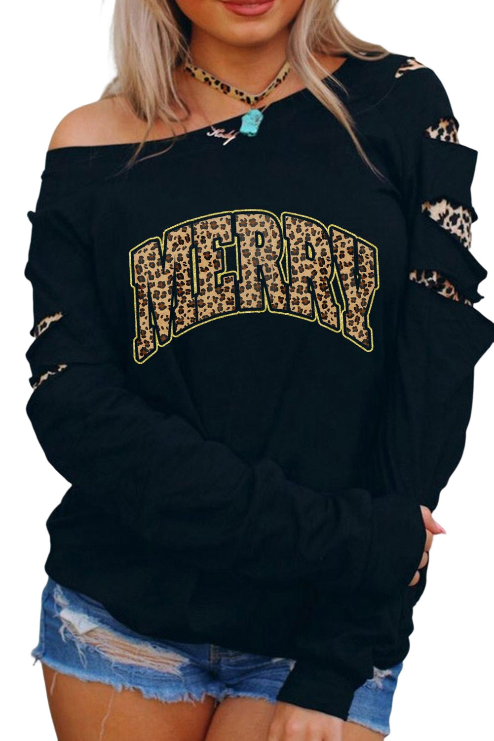 American Cactus Ripped Leopard Sleeve Top