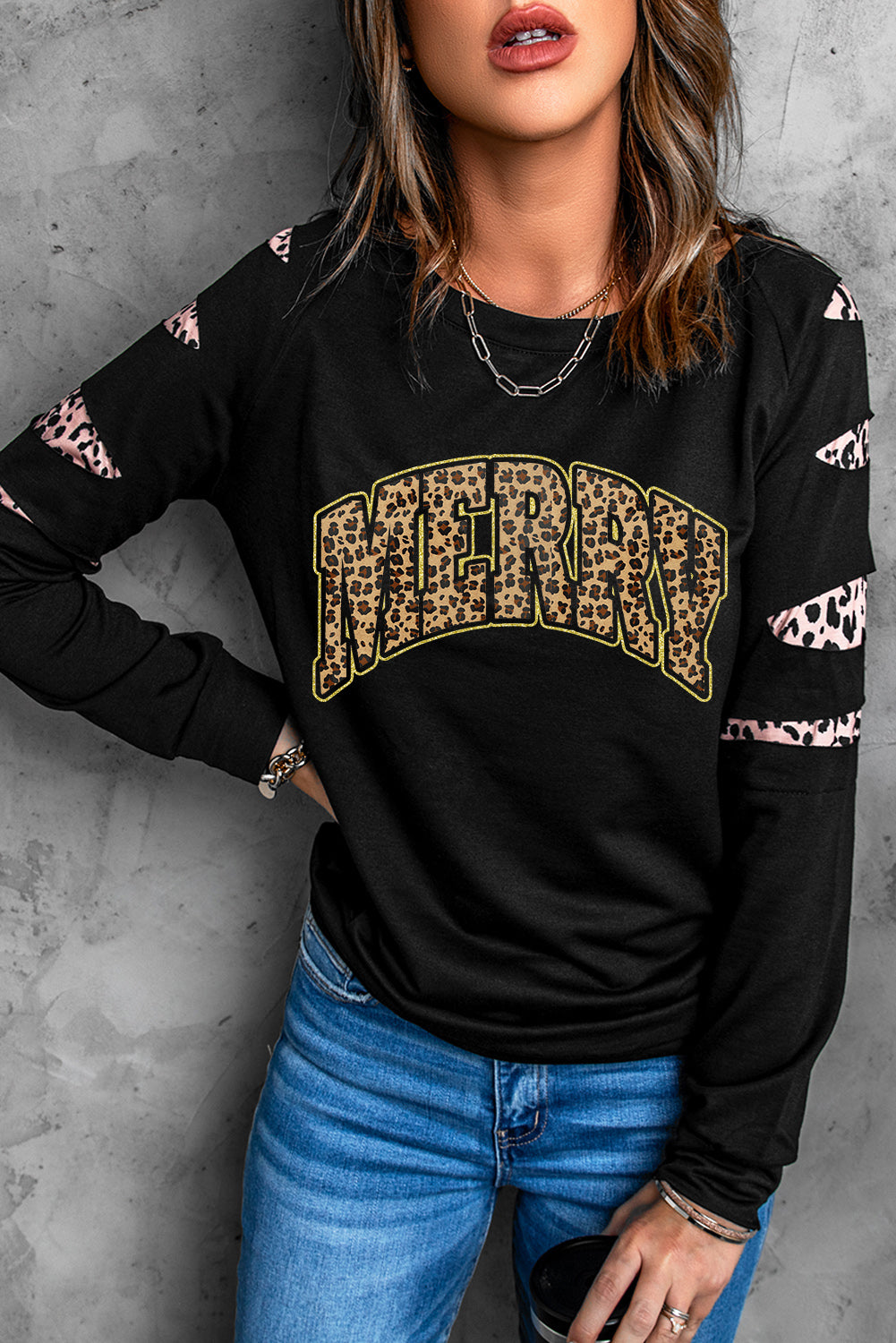American Cactus Ripped Leopard Sleeve Top