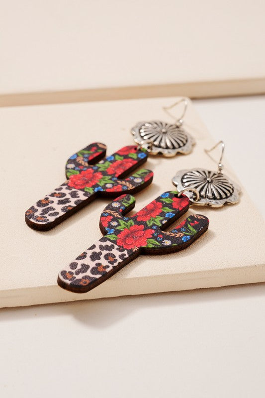 Western Cactus Wood Dangling Earrings