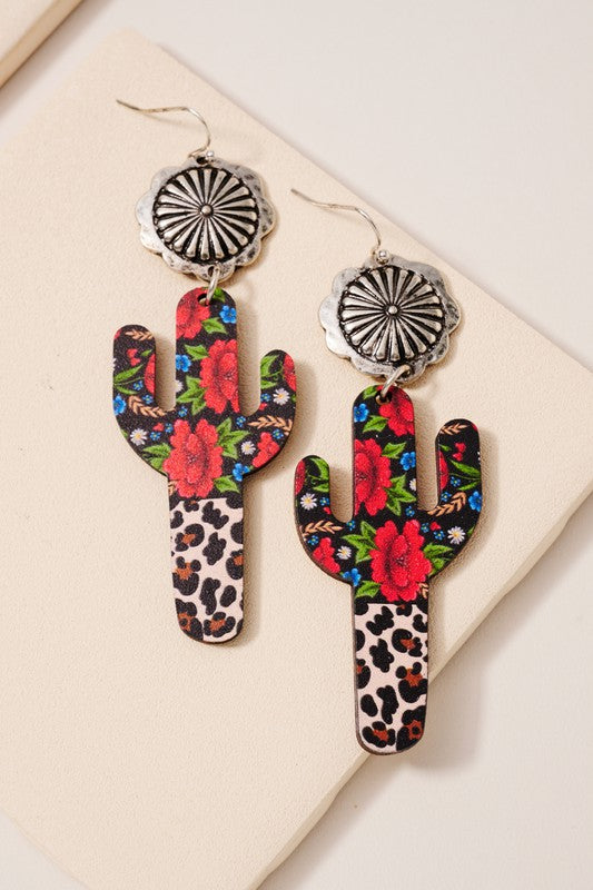 Western Cactus Wood Dangling Earrings