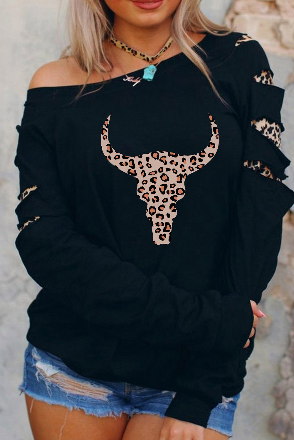American Cactus Ripped Leopard Sleeve Top