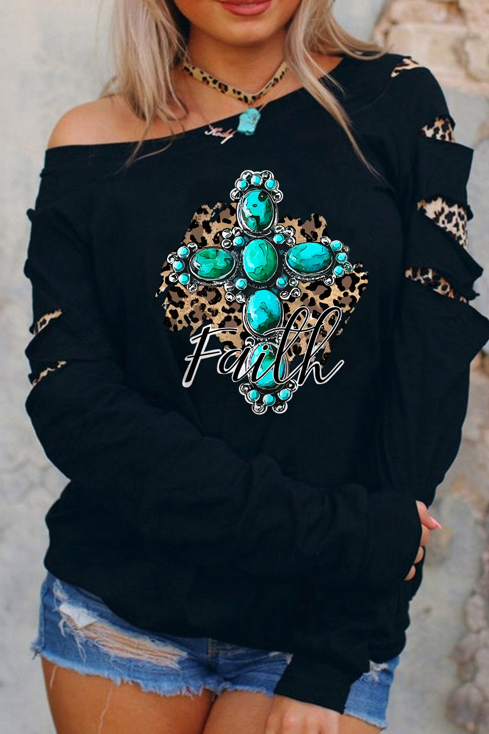 American Cactus Ripped Leopard Sleeve Top