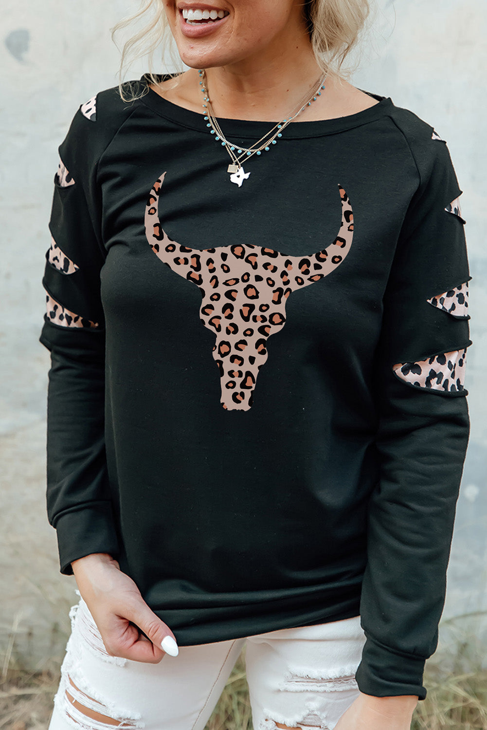 American Cactus Ripped Leopard Sleeve Top