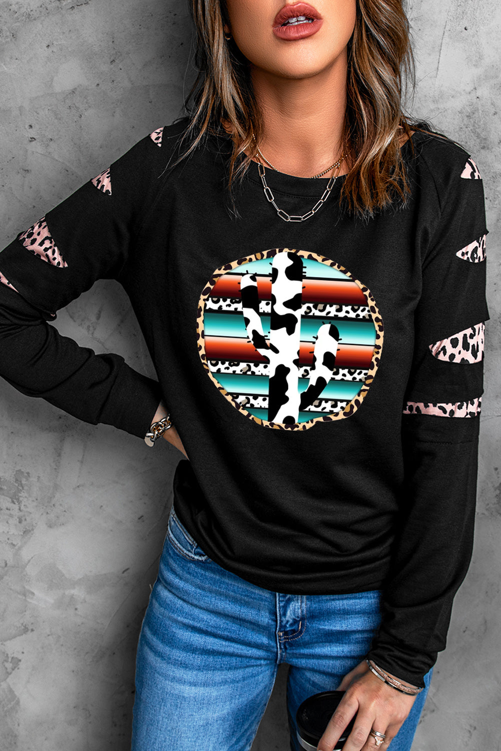 American Cactus Ripped Leopard Sleeve Top