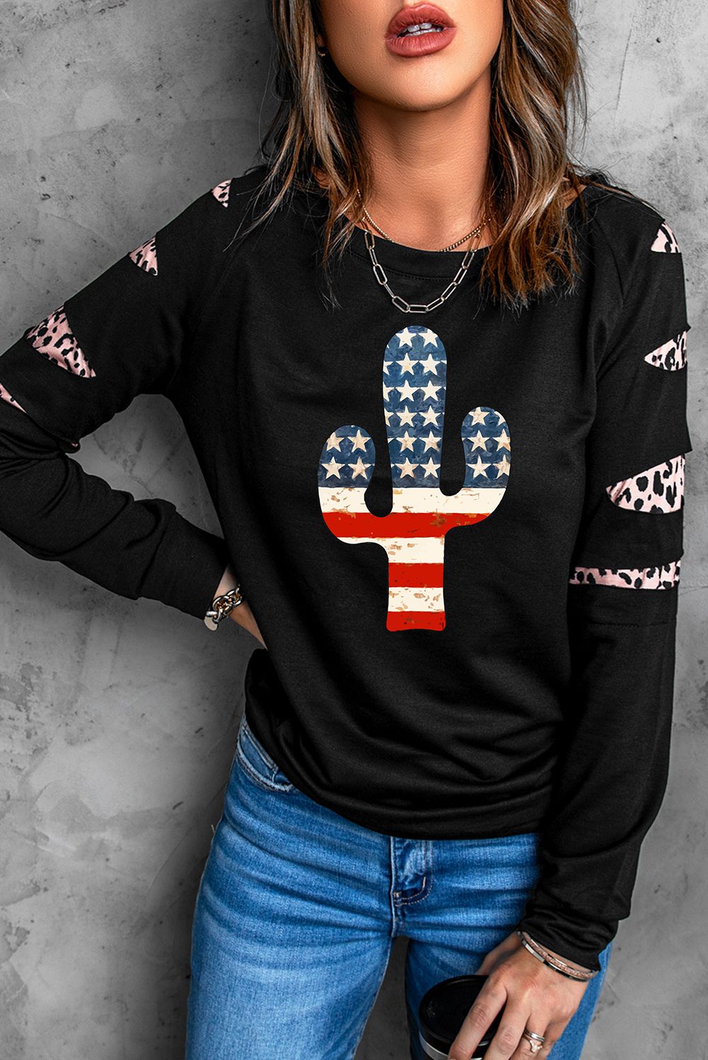 American Cactus Ripped Leopard Sleeve Top