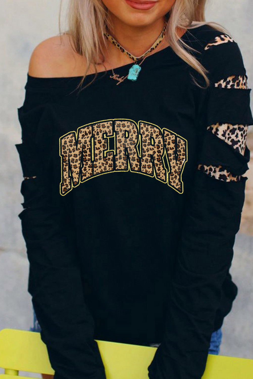 American Cactus Ripped Leopard Sleeve Top