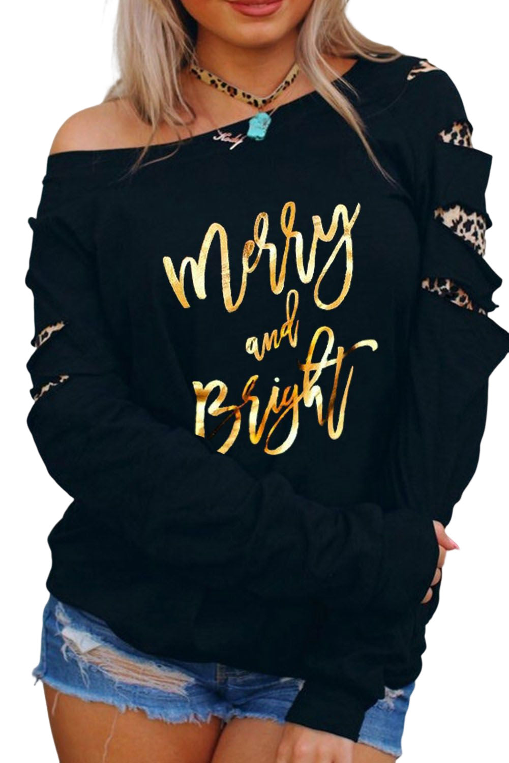 American Cactus Ripped Leopard Sleeve Top