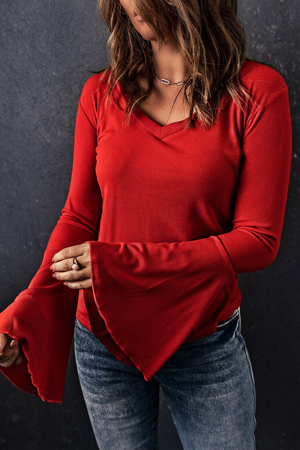 Basic V Neck Flounce Sleeve Knit Top