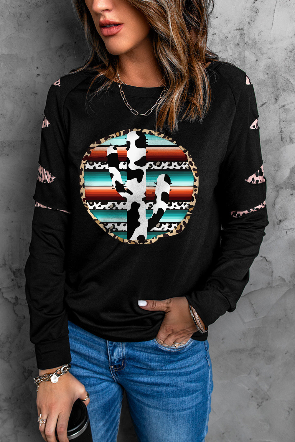 American Cactus Ripped Leopard Sleeve Top