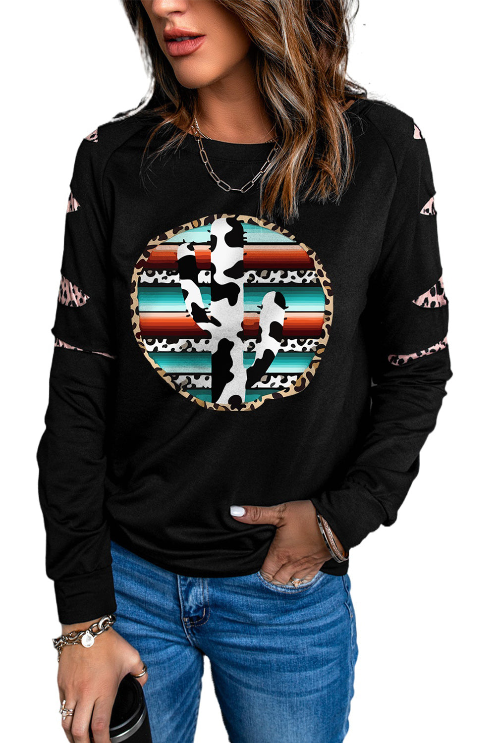 American Cactus Ripped Leopard Sleeve Top