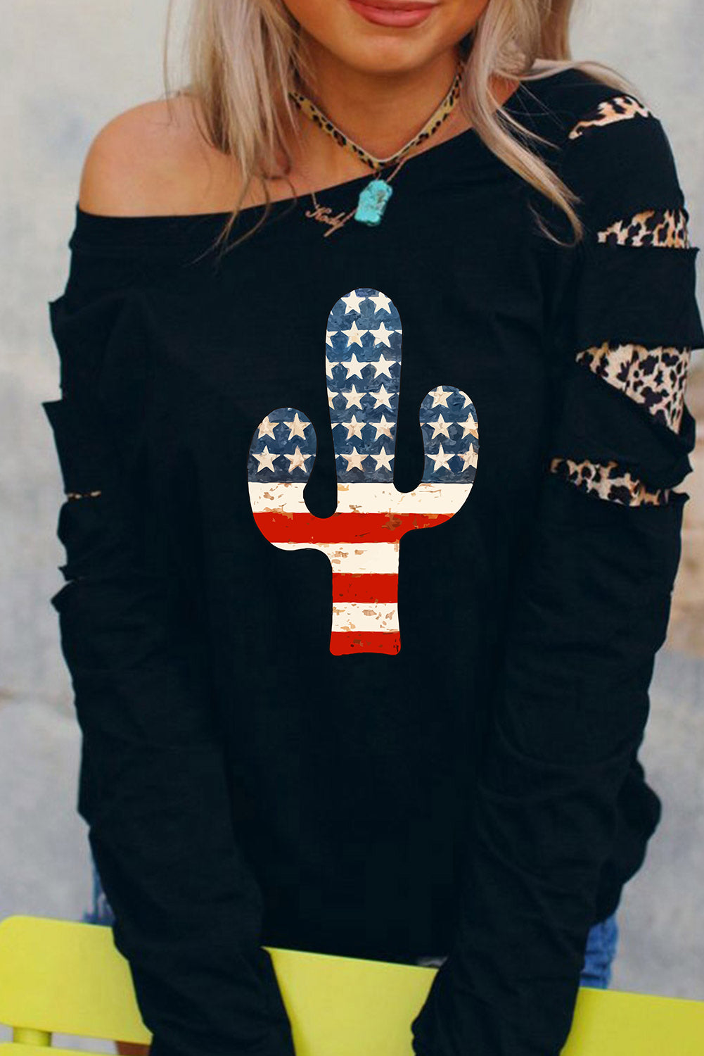 American Cactus Ripped Leopard Sleeve Top