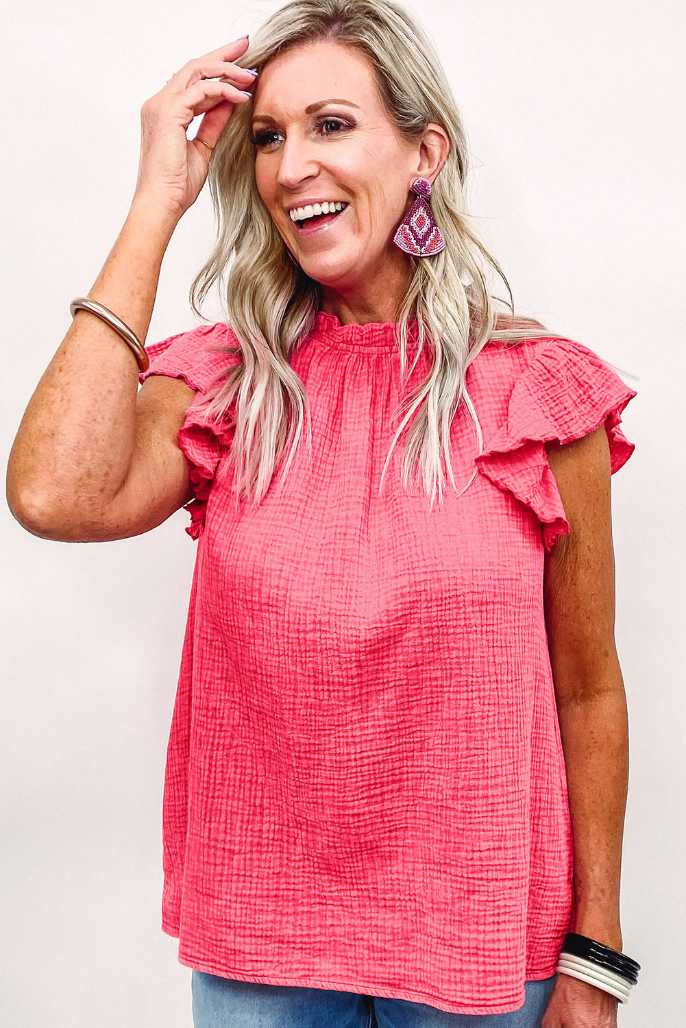 Rose Flutter Sleeve Frilled Neck Textured Blouse