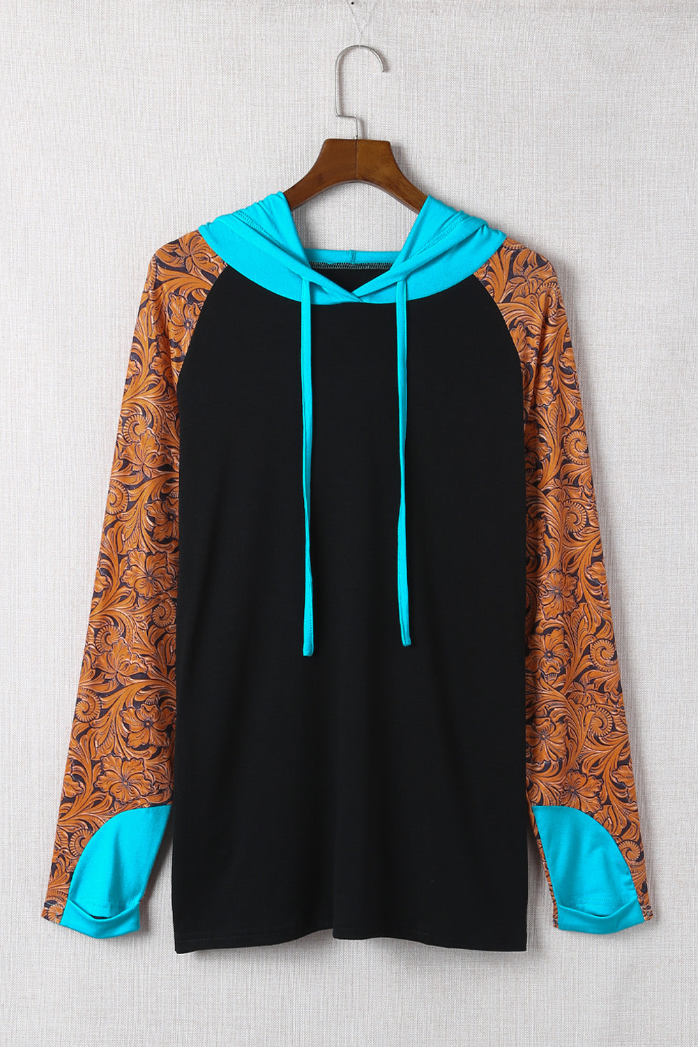 Black Black Western Print Color Block Plus Size Hoodie