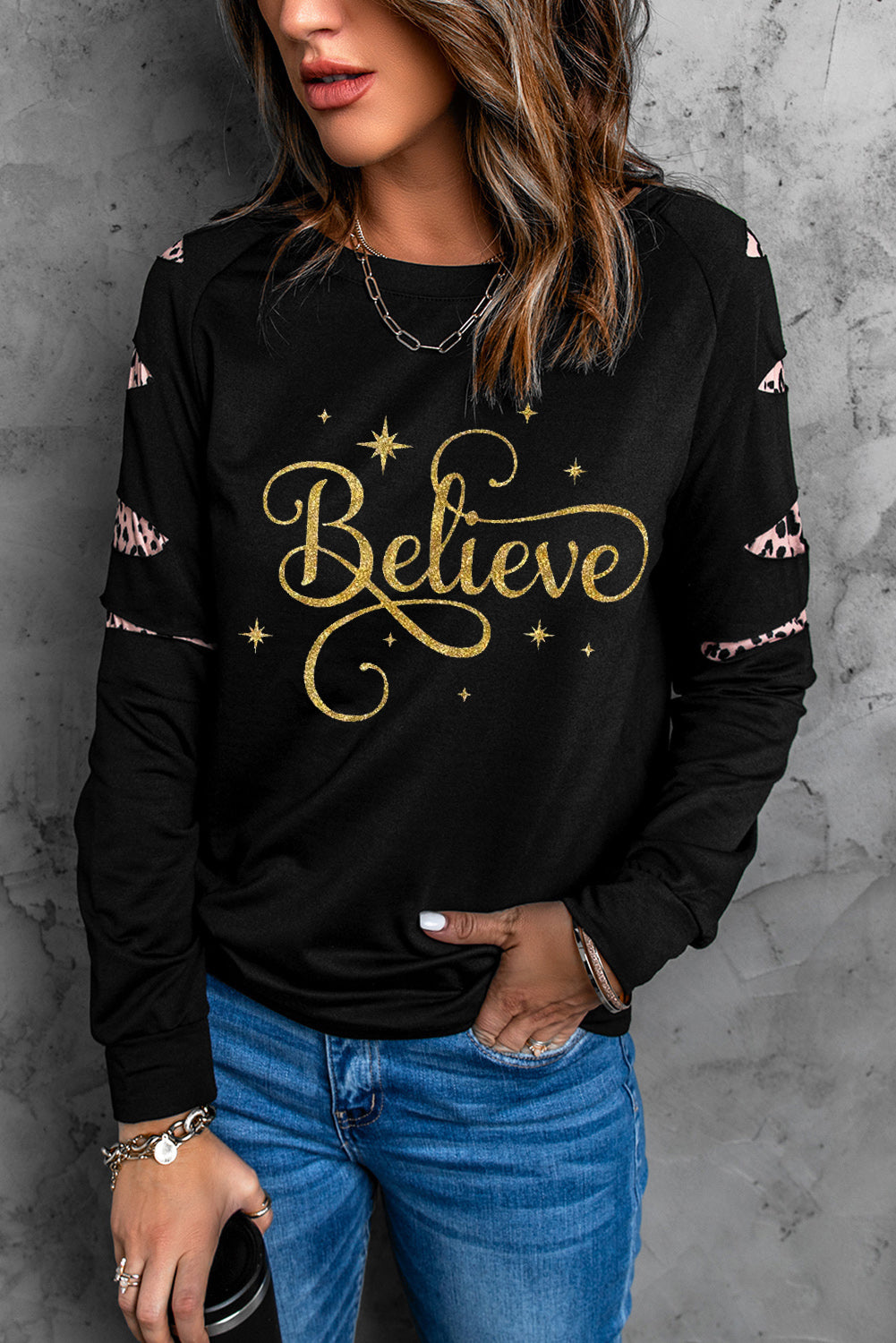 American Cactus Ripped Leopard Sleeve Top