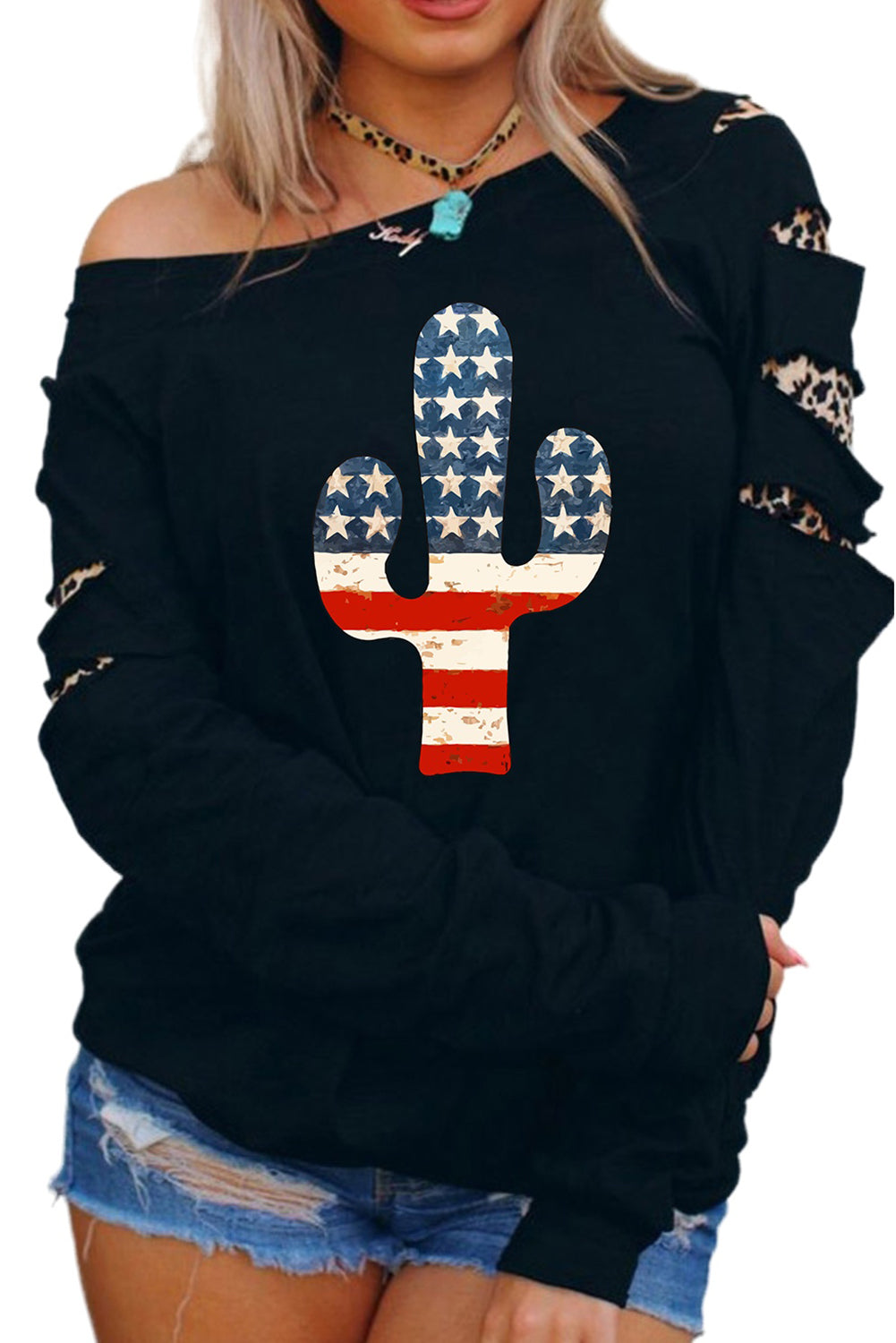 American Cactus Ripped Leopard Sleeve Top