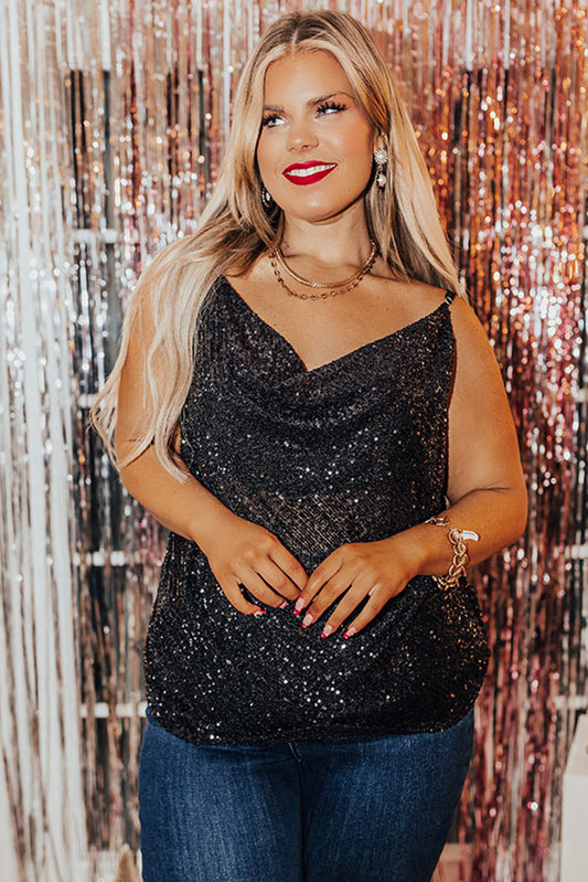 Black Plus Size Drape Neck Sequin Tank Top