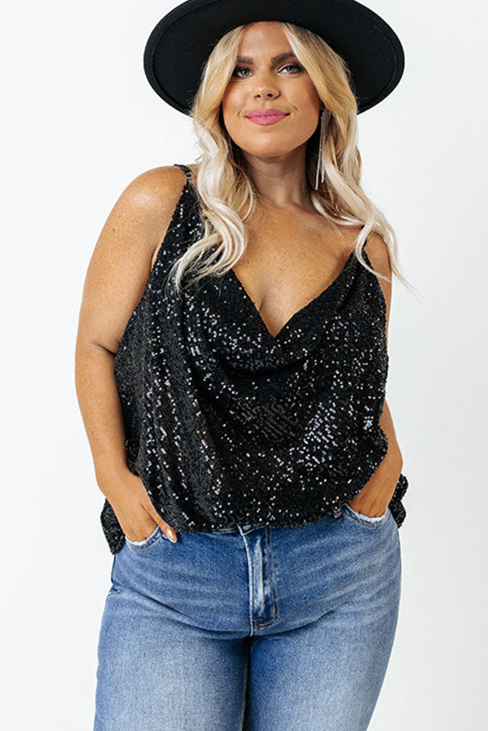 Black Plus Size Drape Neck Sequin Tank Top