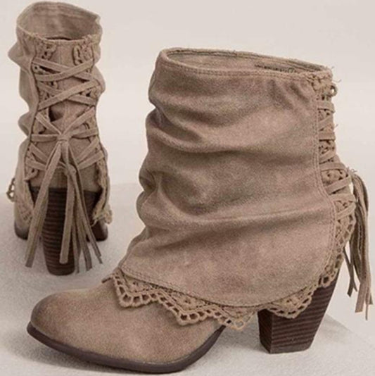 Women's Draping Effect Suede Boots - Tie Back / Lace Accent Shoes