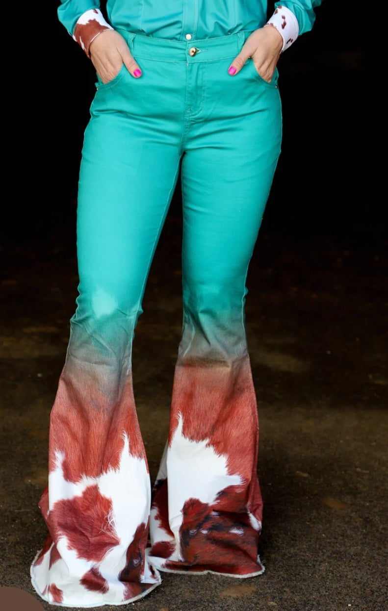 Turquoise Cow Flare Pants