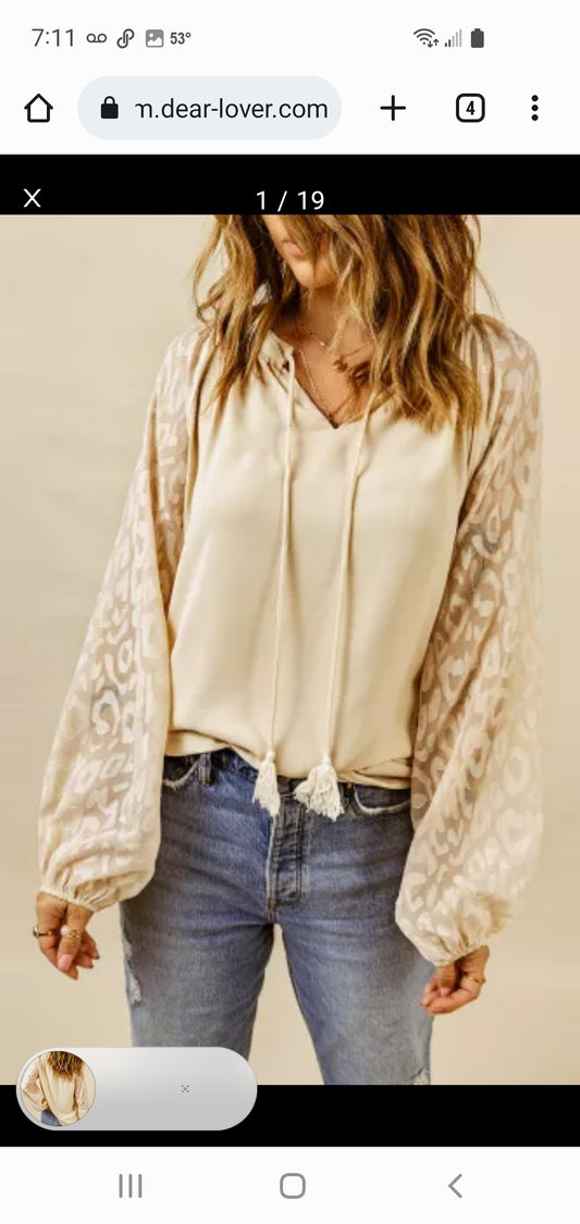Beige Leopard Mesh Bubble Sleeve Split Neck Blouse