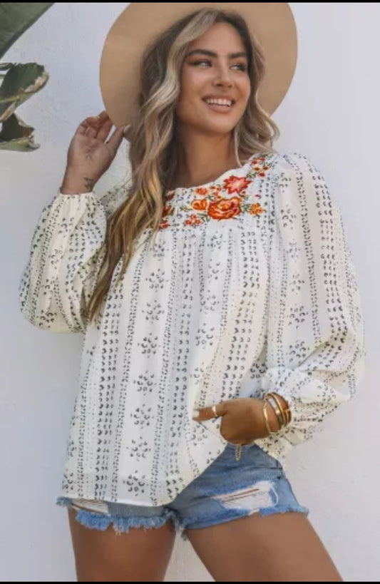 Beige Long Sleeve Embroidered Print Blouse