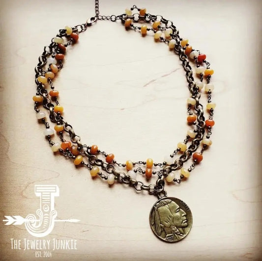 Topaz Jade Triple Strand Collar Necklace w/ Indian Coin 