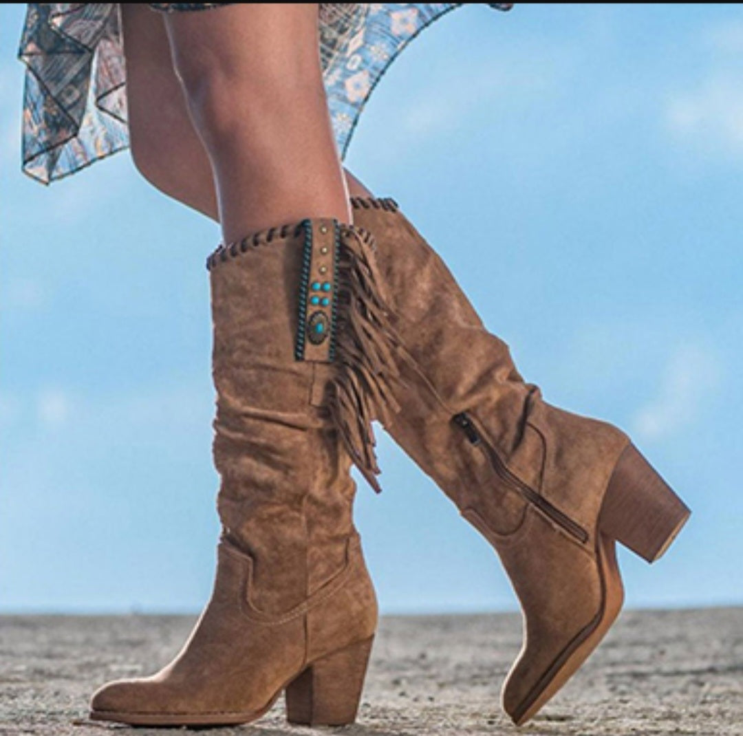 Women's Suede Cowboy Boots - Fringe Trim / Turquoise Stones