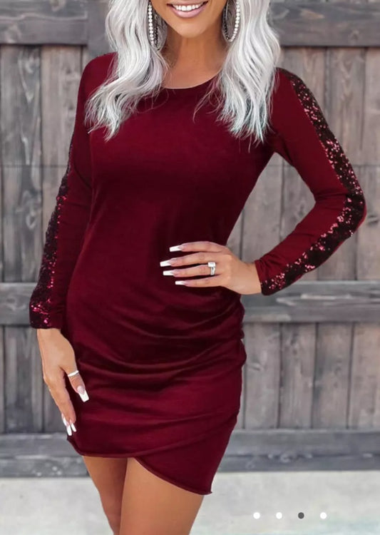 Wrap Glitter Ruched O-Neck Bodycon Dress