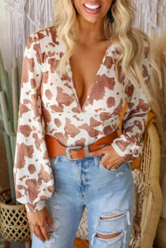 White Cow Print Deep V Neck Long Sleeve Bodysuit
