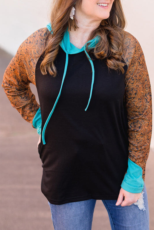 Black Black Western Print Color Block Plus Size Hoodie