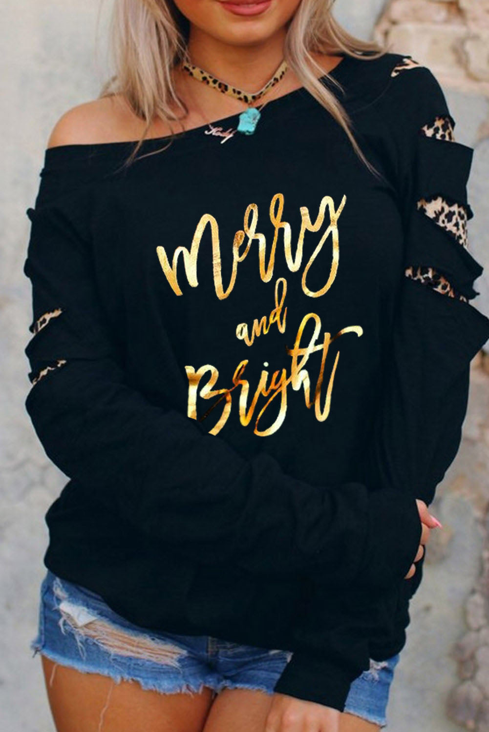 American Cactus Ripped Leopard Sleeve Top