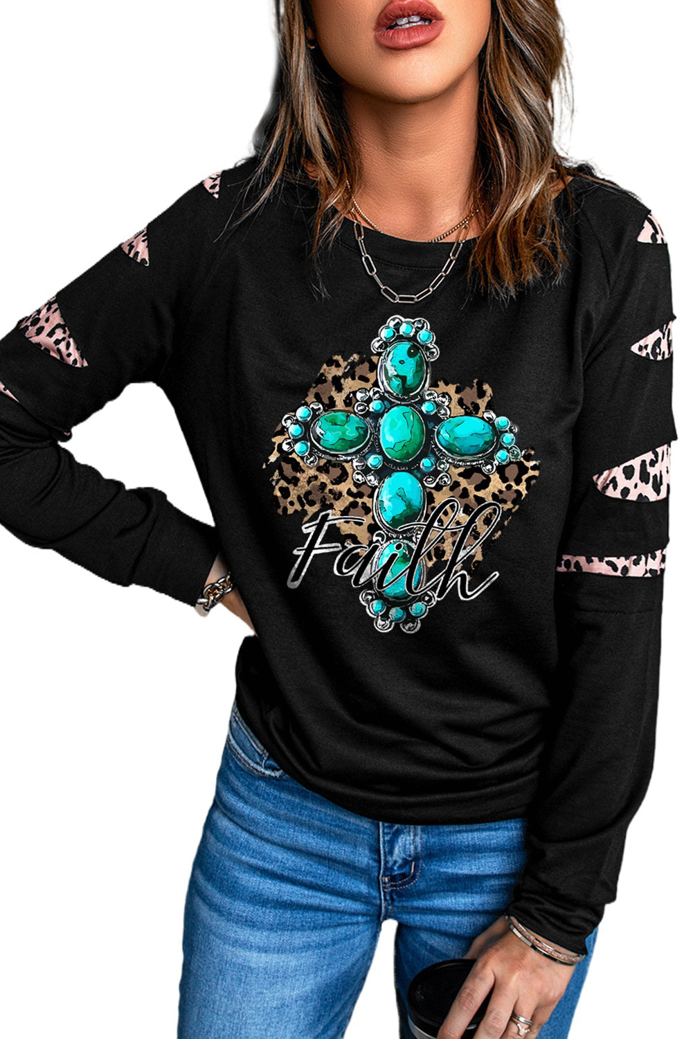 American Cactus Ripped Leopard Sleeve Top