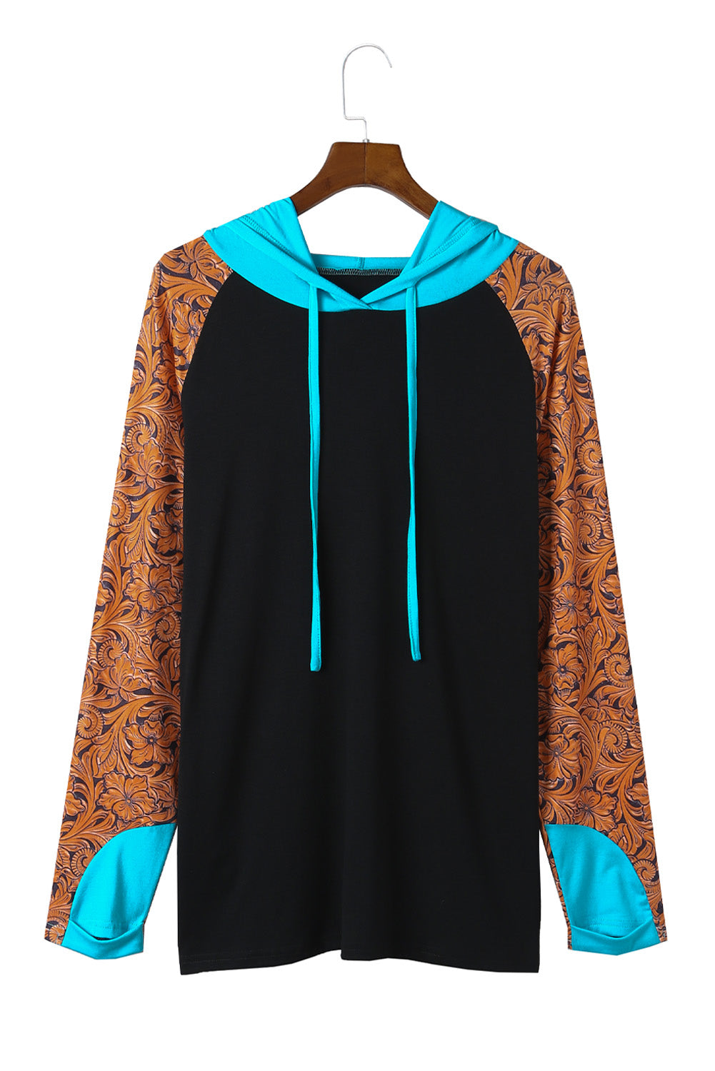 Black Black Western Print Color Block Plus Size Hoodie