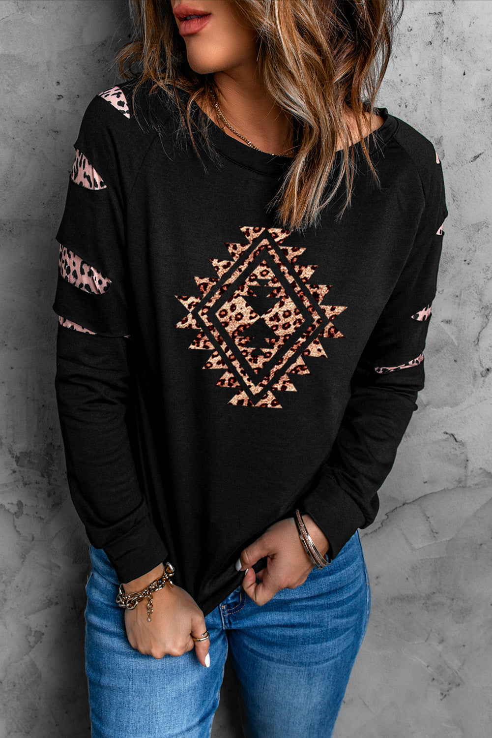 American Cactus Ripped Leopard Sleeve Top