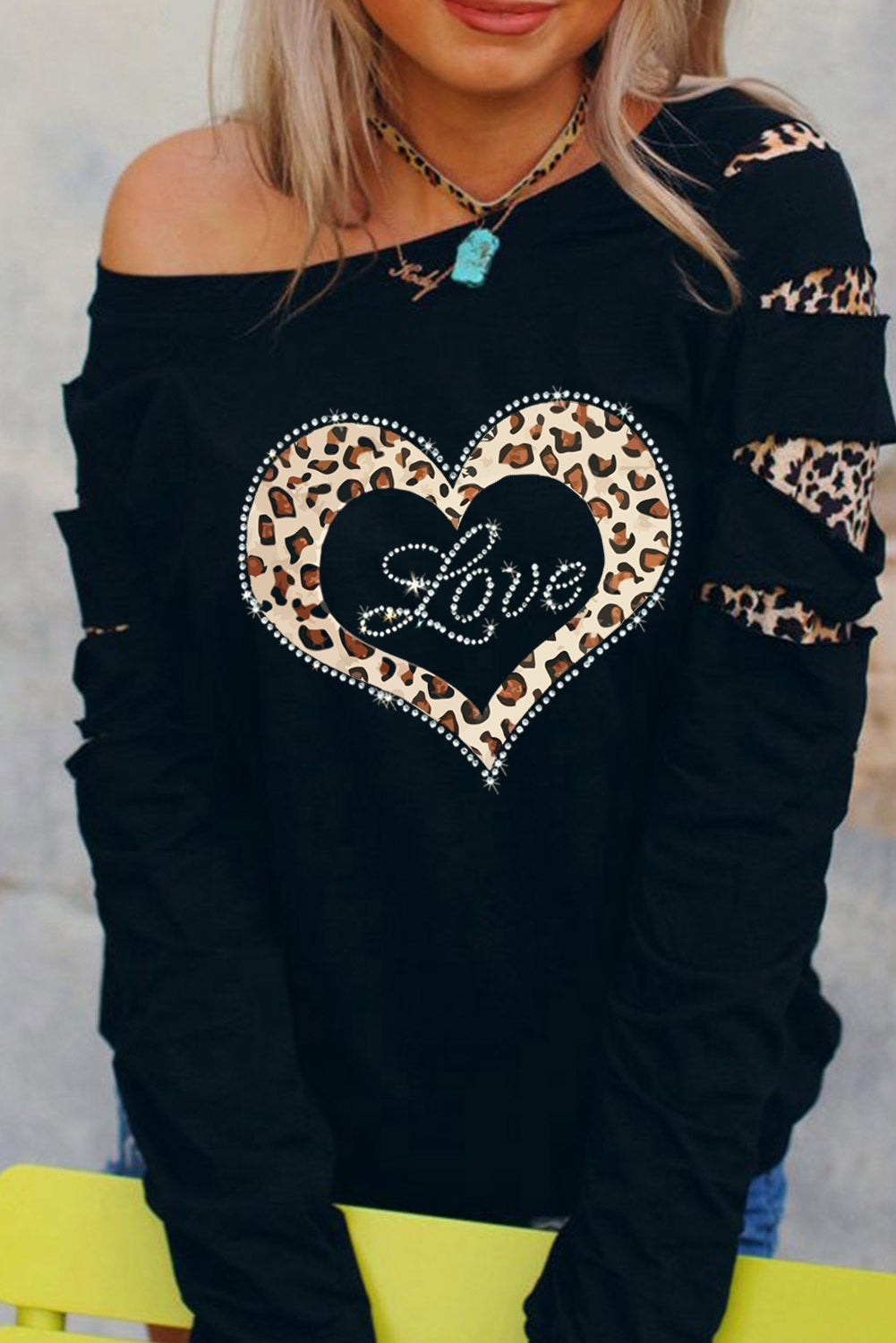 American Cactus Ripped Leopard Sleeve Top